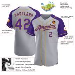 Custom Name and Number Gray Purple and Gold Baseball Jersey - Personalized Authentic Raglan Sleeves Personalized Gray Purple-Old