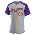 Custom Name and Number Gray Purple and Gold Baseball Jersey - Personalized Authentic Raglan Sleeves Personalized Gray Purple-Old