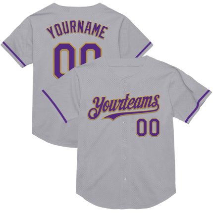 Personalized Throwback Baseball Jersey Gray Purple Old Gold Mesh Custom Name Number Personalized Gray Purple-Old Gold Mesh