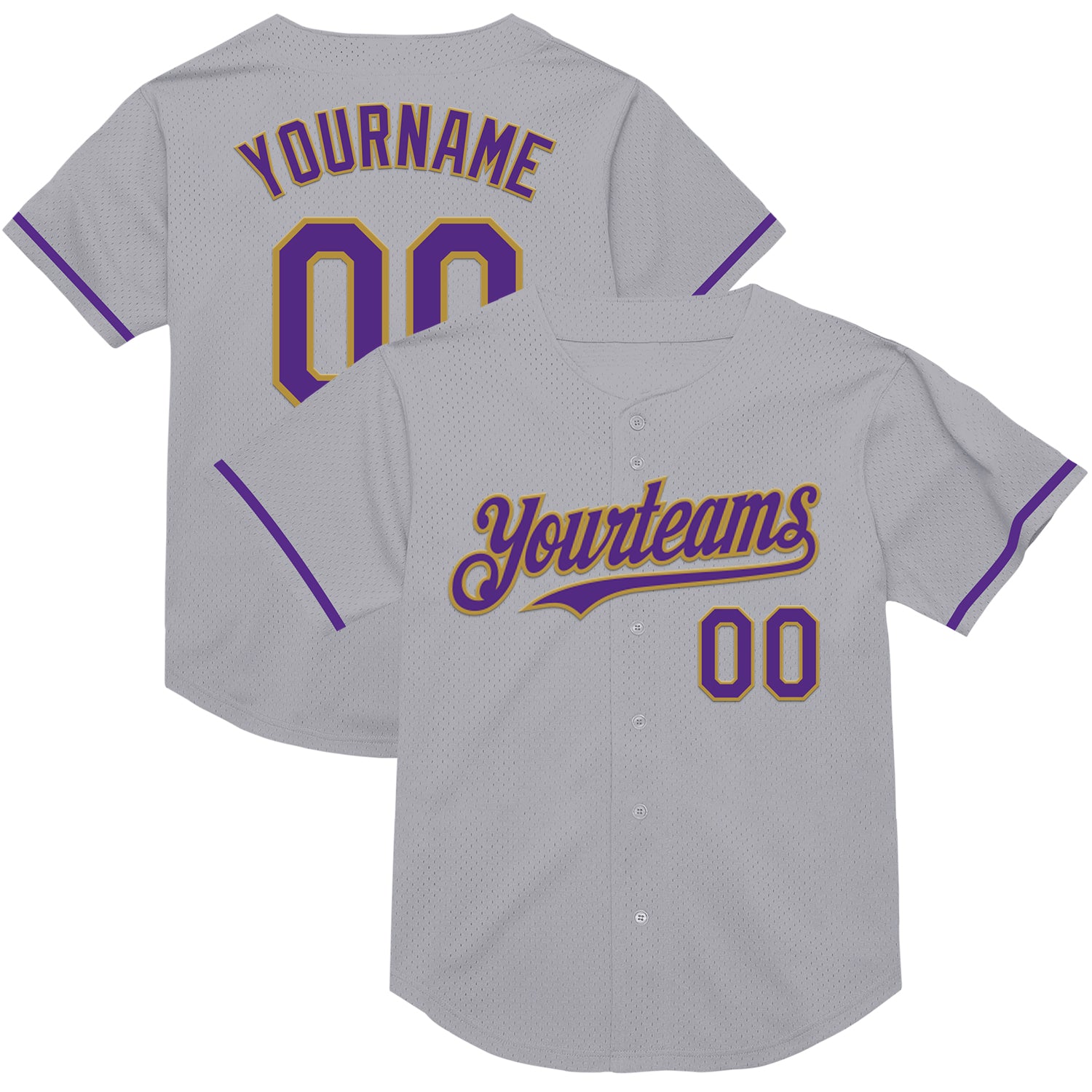 Personalized Throwback Baseball Jersey Gray Purple Old Gold Mesh Custom Name Number Personalized Gray Purple-Old Gold Mesh