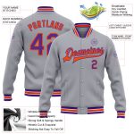 Custom Team Name Number Bomber Jacket Gray Purple Orange Full-Snap Varsity Letterman Personalized Gray Purple-Orange Bomber