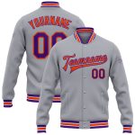 Custom Team Name Number Bomber Jacket Gray Purple Orange Full-Snap Varsity Letterman Personalized Gray Purple-Orange Bomber