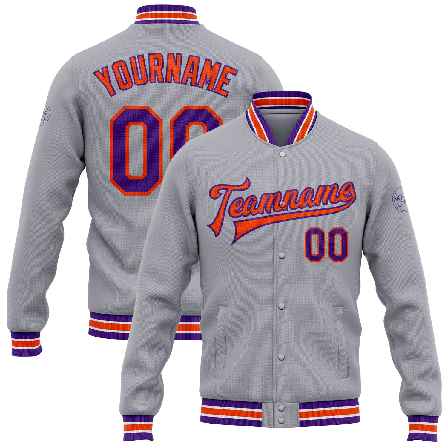 Custom Team Name Number Bomber Jacket Gray Purple Orange Full-Snap Varsity Letterman Personalized Gray Purple-Orange Bomber