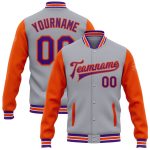 Custom Team Name Number Bomber Jacket Purple Orange Varsity Letterman Two Tone Personalized Full-Snap Gray Personalized Gray