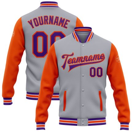Custom Team Name Number Bomber Jacket Purple Orange Varsity Letterman Two Tone Personalized Full-Snap Gray Personalized Gray