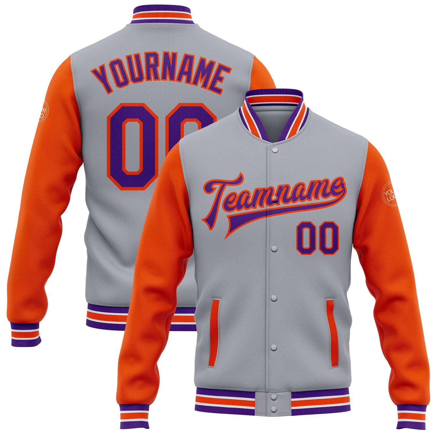 Custom Team Name Number Bomber Jacket Purple Orange Varsity Letterman Two Tone Personalized Full-Snap Gray Personalized Gray