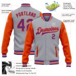 Custom Team Name Number Bomber Jacket Purple Orange Varsity Letterman Two Tone Personalized Full-Snap Gray Personalized Gray