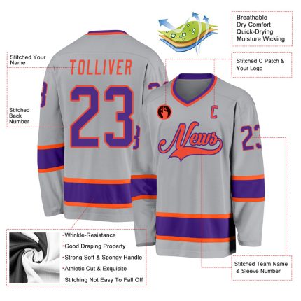 Customizable Hockey Jersey with Name and Number - Personalized Gray Purple-Orange Team Jersey Personalized Gray Purple-Orange