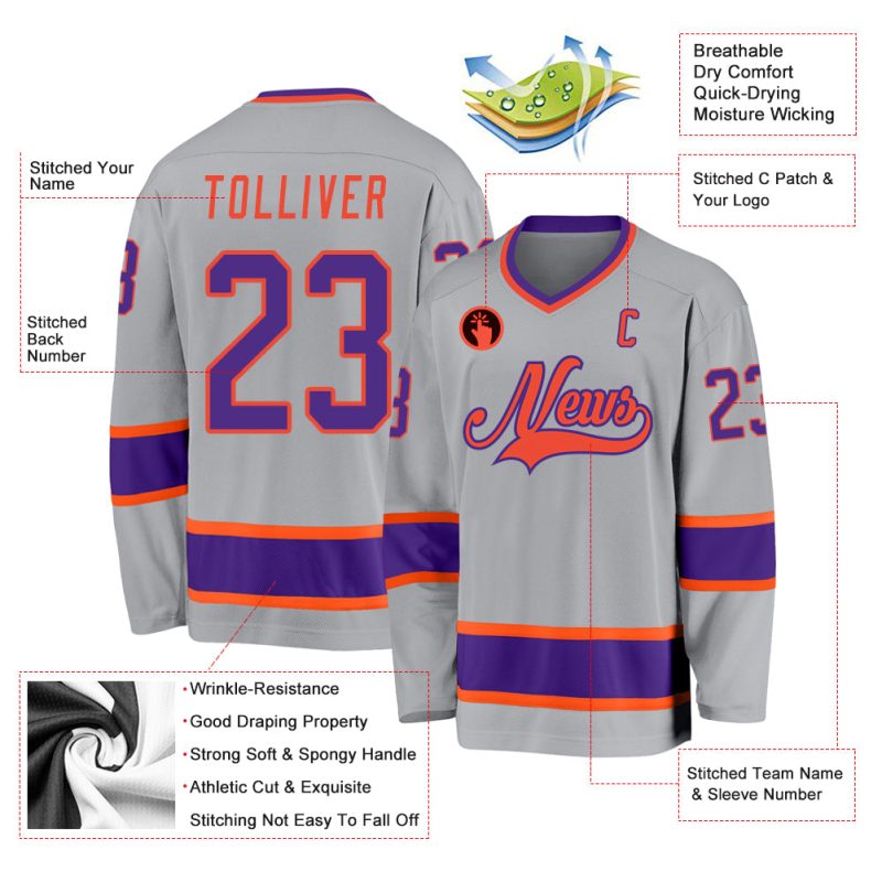 Customizable Hockey Jersey with Name and Number - Personalized Gray Purple-Orange Team Jersey Personalized Gray Purple-Orange
