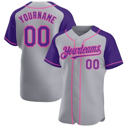 Custom Name and Number Baseball Jersey - Personalized Gray Purple-Pink Authentic Raglan Sleeves Personalized Gray Purple-Pink