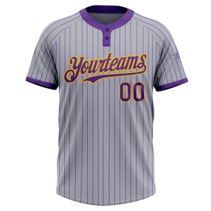 Custom Name Number Two-Button Unisex Softball Jersey Gray Purple Pinstripe Gold Personalized Gray Purple Pinstripe Gold Two-Button