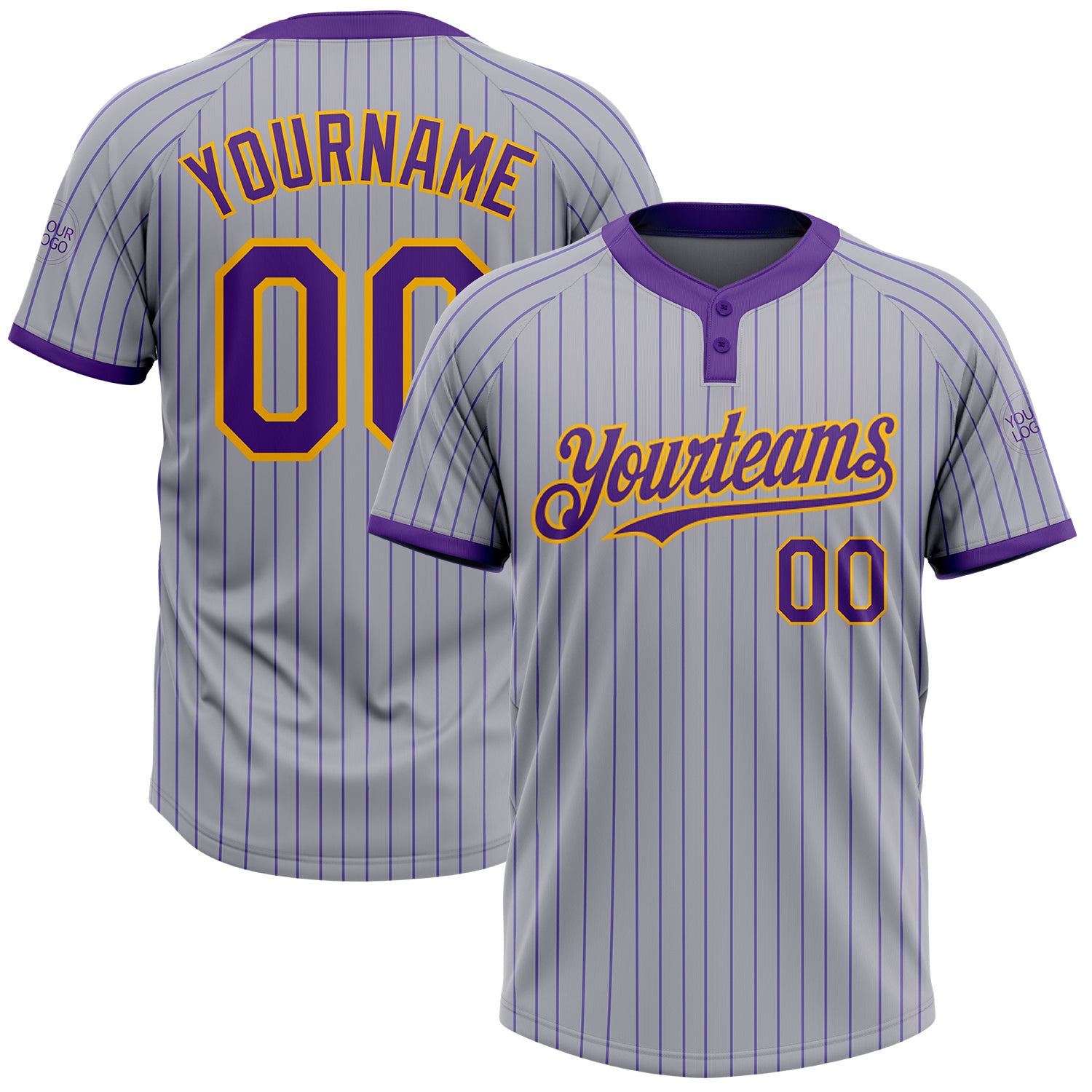 Custom Name Number Two-Button Unisex Softball Jersey Gray Purple Pinstripe Gold Personalized Gray Purple Pinstripe Gold Two-Button