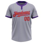 Custom Name and Number Softball Jersey - Personalized Unisex Two-Button Gray Purple Pinstripe Design Personalized Gray Purple