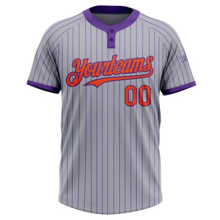 Custom Name and Number Softball Jersey - Personalized Unisex Two-Button Gray Purple Pinstripe Design Personalized Gray Purple