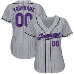 Custom Name and Number Authentic Baseball Jersey in Gray Purple Pinstripe Design - Team Jersey Personalized Gray Purple Pinstripe