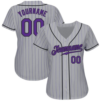Custom Name and Number Authentic Baseball Jersey in Gray Purple Pinstripe Design - Team Jersey Personalized Gray Purple Pinstripe