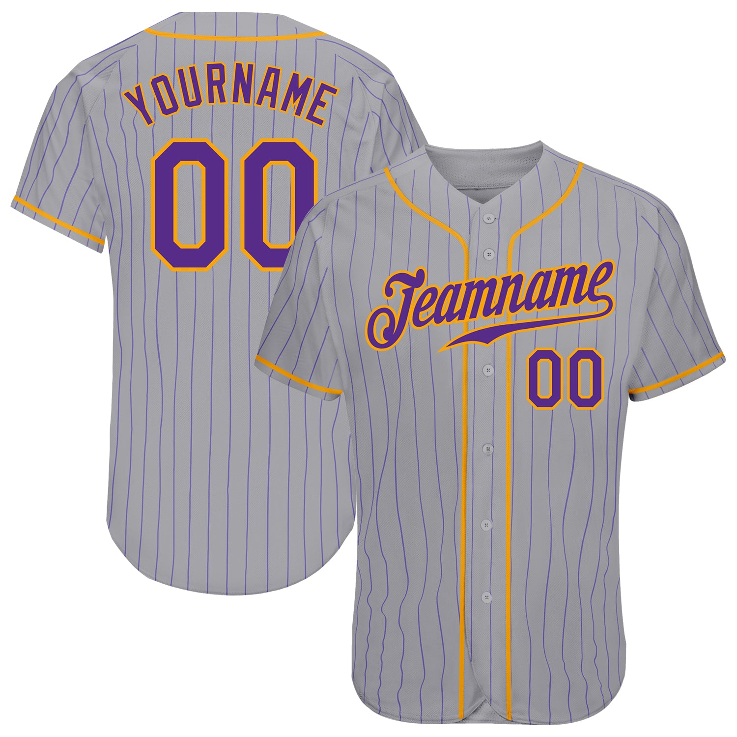 Custom Name and Number Personalized Gray Purple Pinstripe Authentic Baseball Jersey - Team Colors: Purple & Gold Personalized