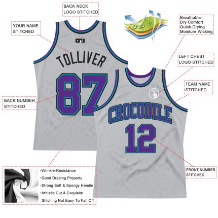 Custom Team Basketball Jersey - Personalized Gray Purple Teal-Black with Name & Number - Authentic Throwback Design Personalized