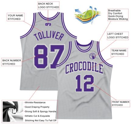 Custom Name and Number Personalized Authentic Throwback Basketball Jersey - Gray Purple White Personalized Gray Purple-White