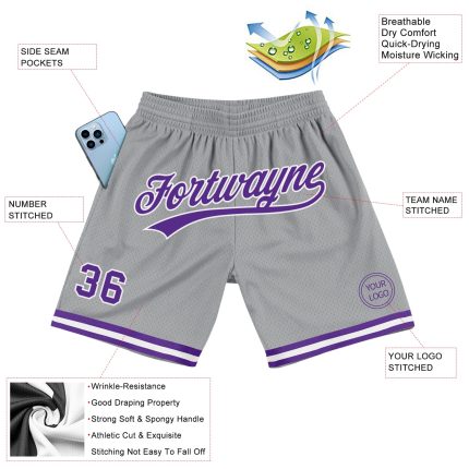Personalized Authentic Basketball Shorts in Gray Purple-White Throwback Style Personalized Gray Purple-White Authentic Throwback