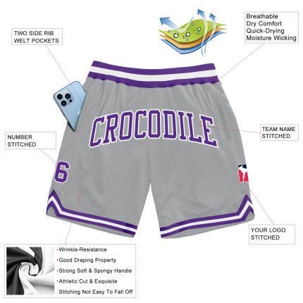 Custom Team Name and Number Throwback Basketball Shorts - Personalized Gray Purple White Authentic Personalized Gray Purple-White