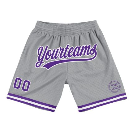 Personalized Authentic Basketball Shorts in Gray Purple-White Throwback Style Personalized Gray Purple-White Authentic Throwback