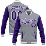 Custom Team Name and Number Two Tone Bomber Varsity Letterman Jacket Gray Purple White Full-Snap Personalized Gray Purple-White