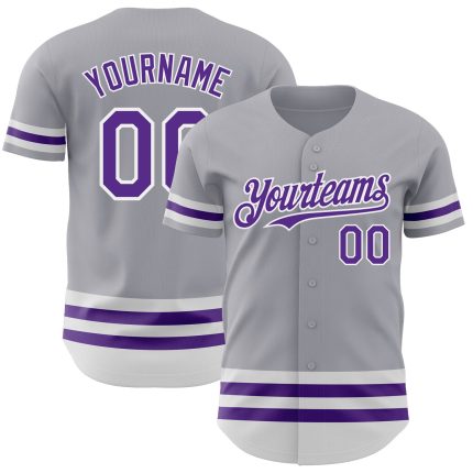 Custom Name and Number Authentic Baseball Jersey - Personalized Gray Purple-White Line Design Personalized Gray Purple-White