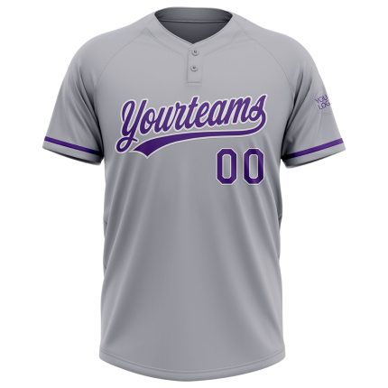 Custom Name and Number Personalized Unisex Softball Jersey - Gray Purple White Two-Button Design Personalized Gray Purple-White