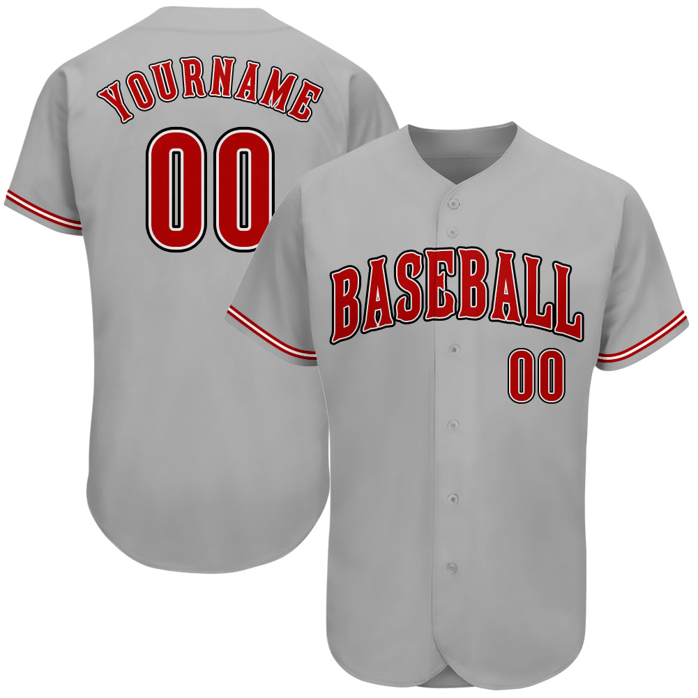 Customizable Authentic Baseball Jersey in Gray Red-Black Colors Personalized Gray Red-Black Authentic Baseball Jersey