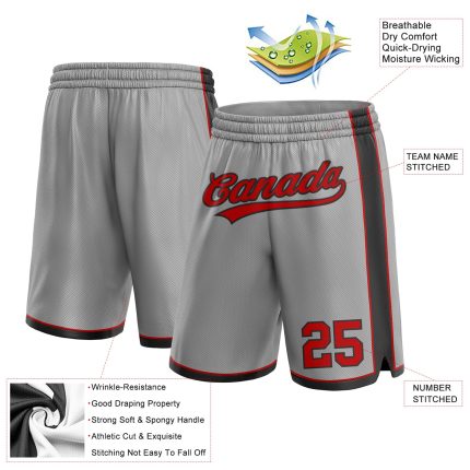 Custom Basketball Shorts with Personalized Name and Number in Gray Red-Black - Authentic Team Sports Gear Personalized Gray