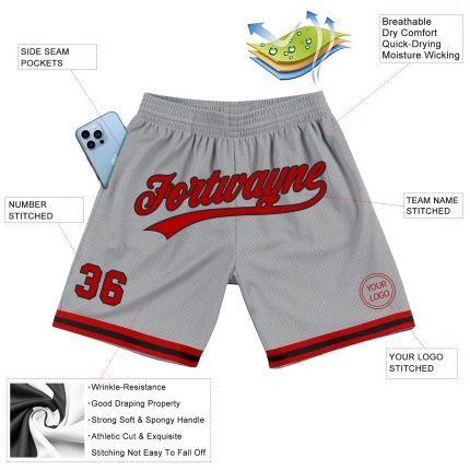 Personalized Authentic Basketball Shorts in Gray Red and Black Colorway Personalized Gray Red-Black Authentic Throwback Basketball