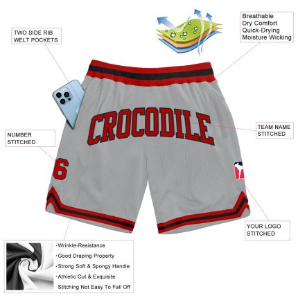 Custom Name and Number Gray Red-Black Authentic Throwback Basketball Shorts Personalized Gray Red-Black Authentic Throwback