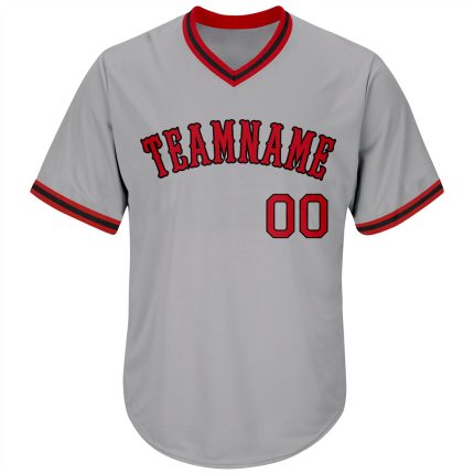 Personalized Custom Name Number Authentic Baseball Jersey Shirt - Gray Red-Black Rib-Knit Design Personalized Gray Red-Black