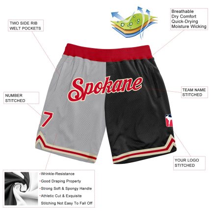 Personalized Red Black Gray Basketball Shorts Authentic Throwback Fashion Personalized Gray Red-Black Authentic Throwback