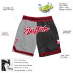 Custom Team Name Number Basketball Shorts, Personalized Gray Red-Black Authentic Throwback Split Fashion Personalized Gray