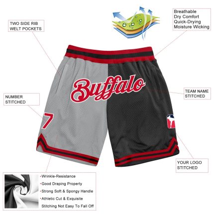 Custom Team Name Number Basketball Shorts, Personalized Gray Red-Black Authentic Throwback Split Fashion Personalized Gray
