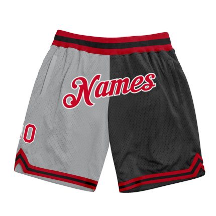 Custom Team Name Number Basketball Shorts, Personalized Gray Red-Black Authentic Throwback Split Fashion Personalized Gray