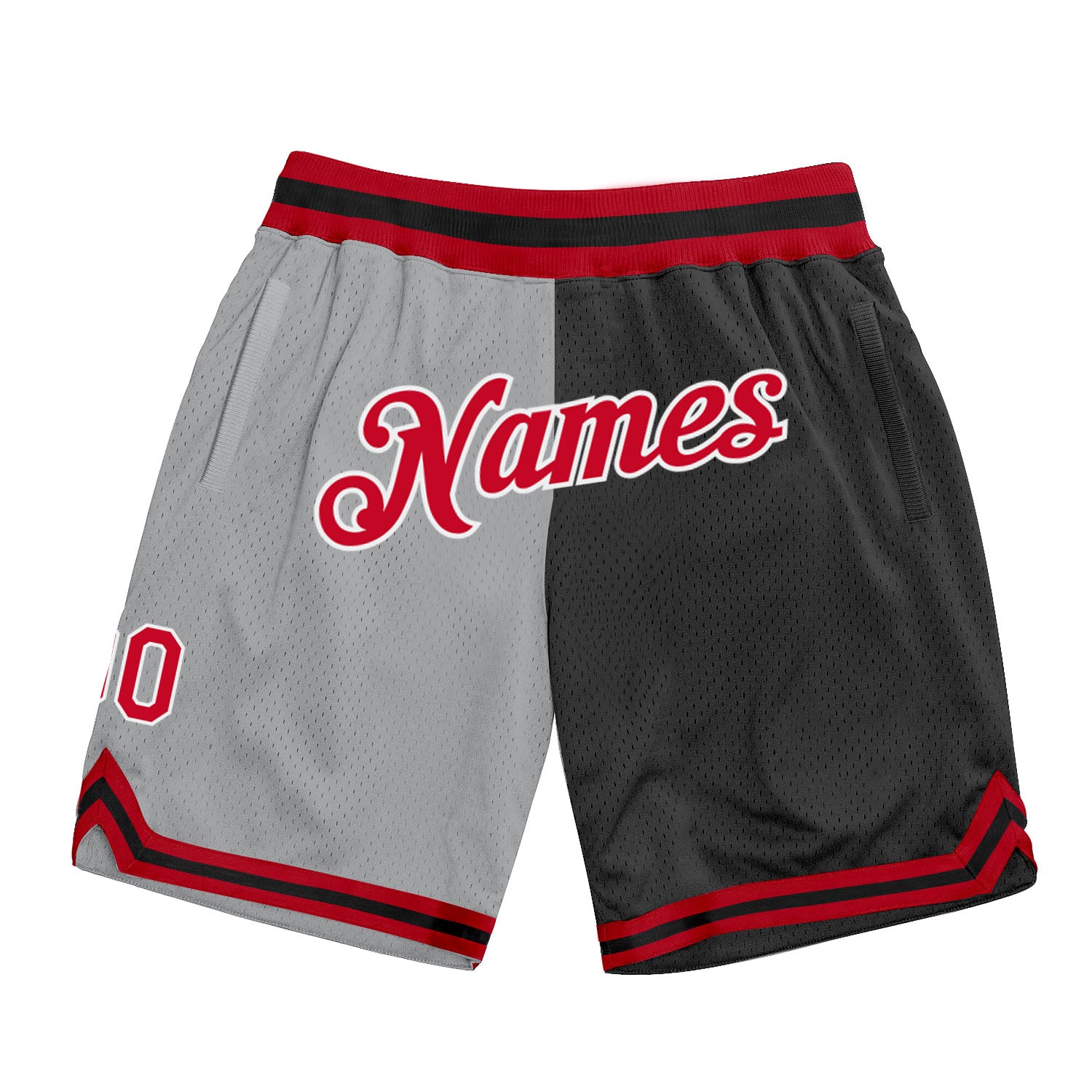 Custom Team Name Number Basketball Shorts, Personalized Gray Red-Black Authentic Throwback Split Fashion Personalized Gray