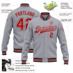 Personalized Bomber Jacket Gray Red-Black Full-Snap Varsity Letterman Personalized Gray Red-Black Bomber Full-Snap Varsity