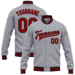 Custom Team Name and Number Personalized Bomber Jacket Gray Red-Black Full-Snap Varsity Letterman Jacket Personalized Gray