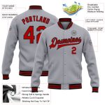 Custom Team Name and Number Personalized Bomber Jacket Gray Red-Black Full-Snap Varsity Letterman Jacket Personalized Gray