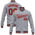 Personalized Bomber Jacket Gray Red-Black Full-Snap Varsity Letterman Personalized Gray Red-Black Bomber Full-Snap Varsity