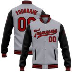 Custom Name and Number Bomber Varsity Letterman Jacket - Gray Red-Black Two Tone Full-Snap Team Jacket Personalized Gray