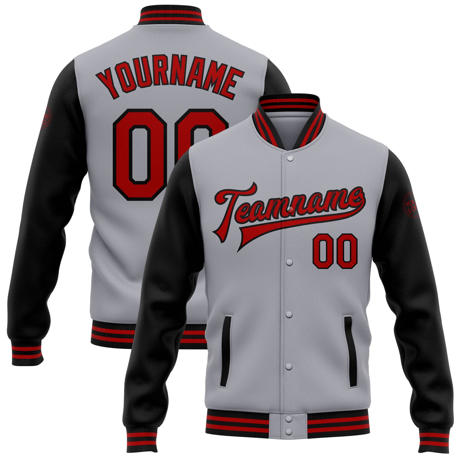 Custom Name and Number Bomber Varsity Letterman Jacket - Gray Red-Black Two Tone Full-Snap Team Jacket Personalized Gray