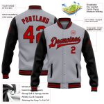 Custom Name and Number Bomber Varsity Letterman Jacket - Gray Red-Black Two Tone Full-Snap Team Jacket Personalized Gray