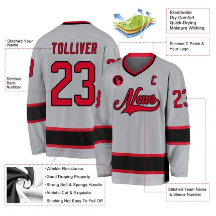 Custom Team Name and Number Hockey Jersey - Personalized Gray Red-Black Design Personalized Gray Red-Black Hockey Jersey