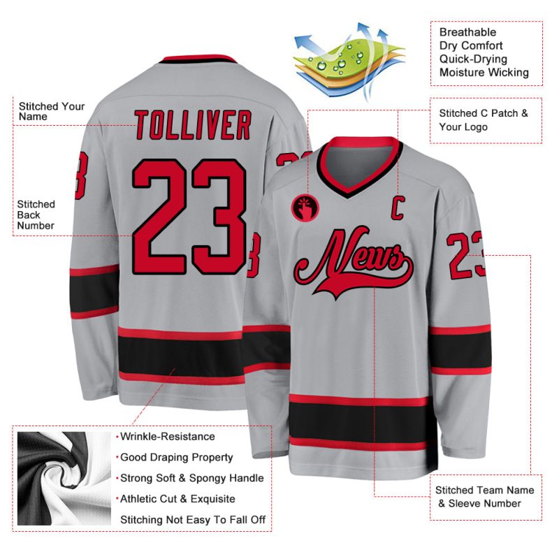 Custom Team Name and Number Hockey Jersey - Personalized Gray Red-Black Design Personalized Gray Red-Black Hockey Jersey