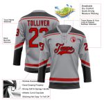 Custom Name and Number Hockey Jersey - Personalized Gray Red-Black Lace Neck Team Style Personalized Gray Red-Black Hockey