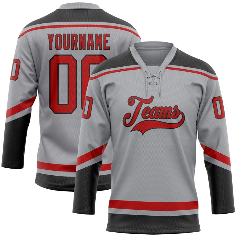 Custom Name and Number Hockey Jersey - Personalized Gray Red-Black Lace Neck Team Style Personalized Gray Red-Black Hockey